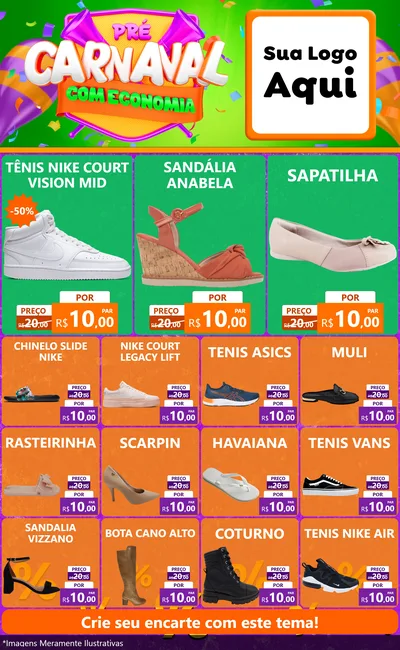 Modelo de Encarte para Encarte Grande com o tema Pré-Carnaval Com Economia para Calçados