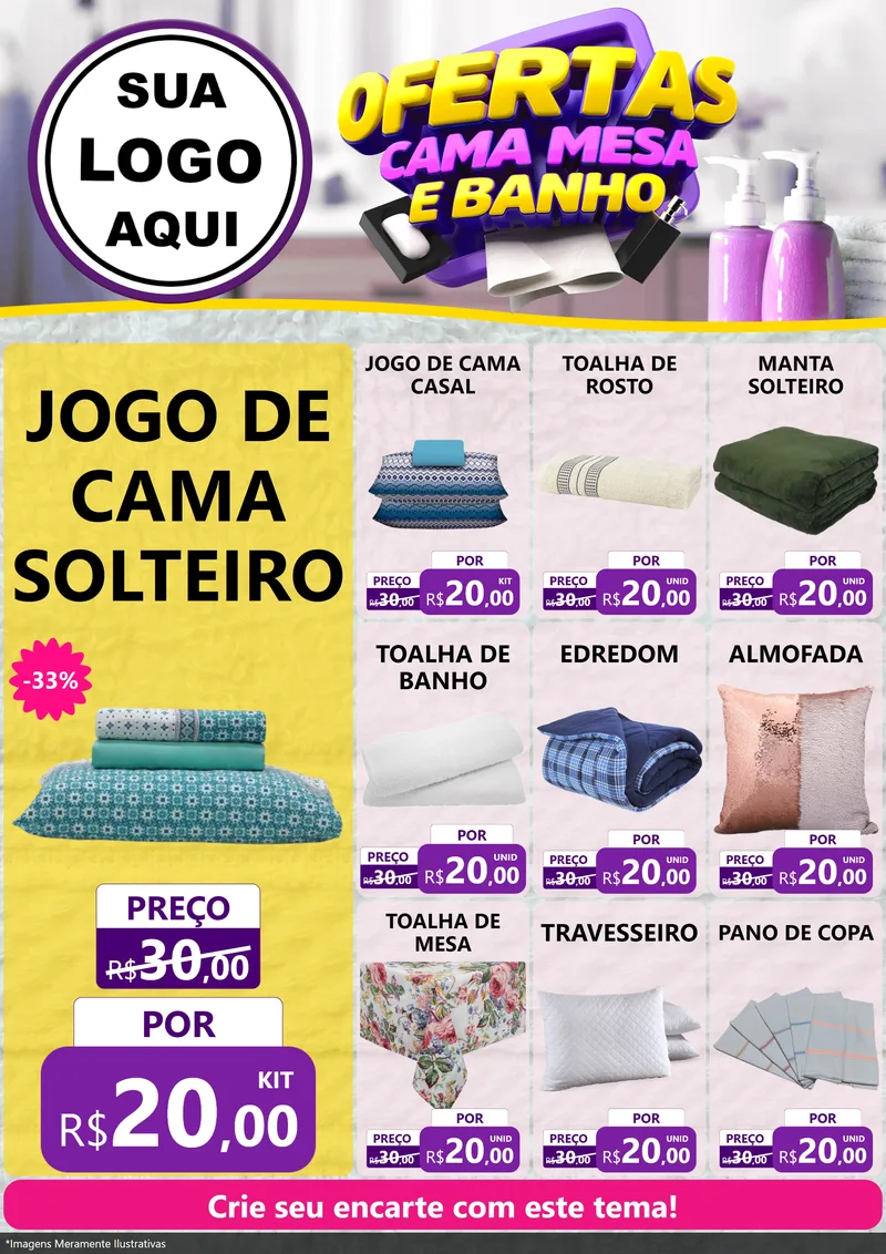 Modelo de Encarte para Encarte A4 Vertical com o tema Ofertas Cama, Mesa e Banho para Cama, Mesa e Banho