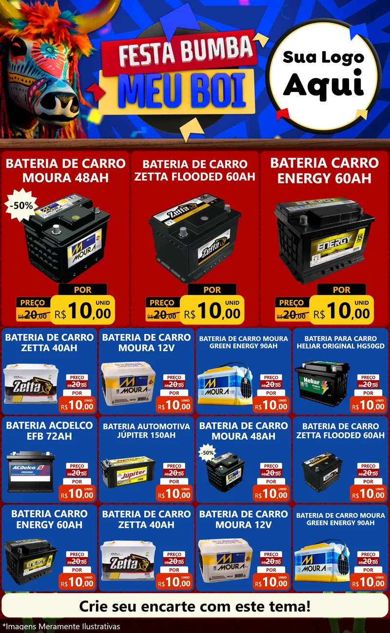 Modelo de Encarte para Encarte Grande com o tema Festa Bumba meu Boi para Baterias Elétricas