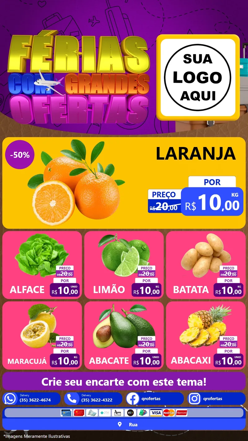 Modelo de Rede Social para Stories com o tema Férias com Grandes Ofertas para Hortifrúti