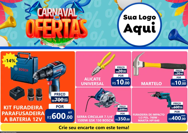 Modelo de Encarte para Encarte A4 Horizontal com o tema Carnaval de Ofertas para Maquinas e Ferramentas