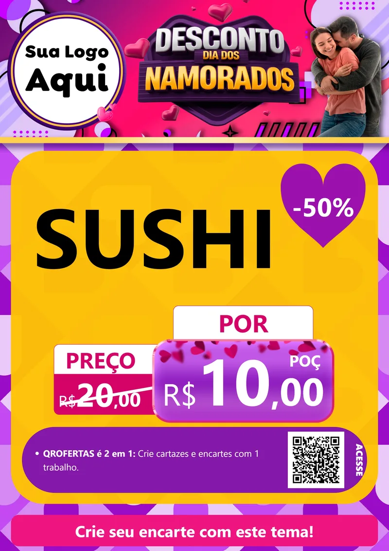 Modelo de Cartaz para Cartaz A4 Vertical com o tema Desconto Dia dos Namorados para Comida japonesa