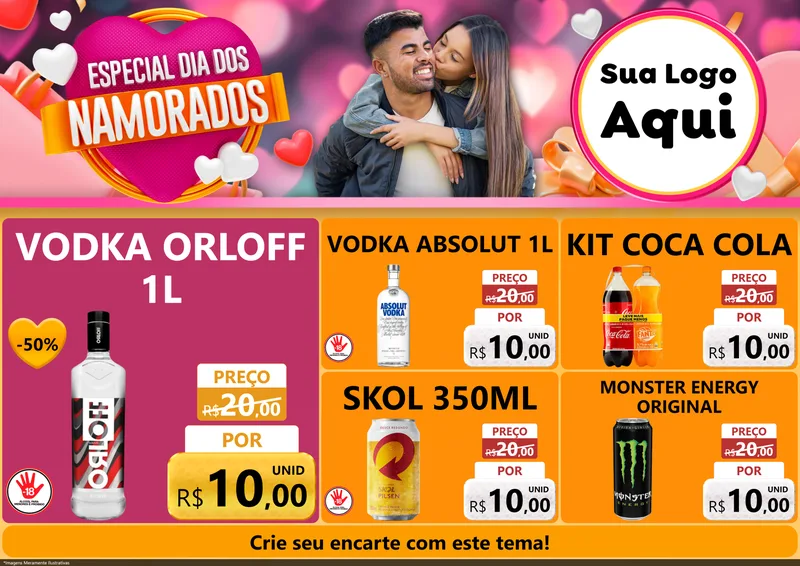 Modelo de Encarte para Encarte A4 Horizontal com o tema Especial Dia dos Namorados para Distribuidora de bebidas