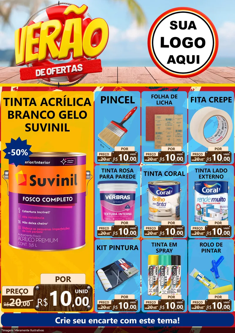 Modelo de Encarte para Encarte A4 Vertical com o tema Verão de Ofertas para Tintas e Ferramentas