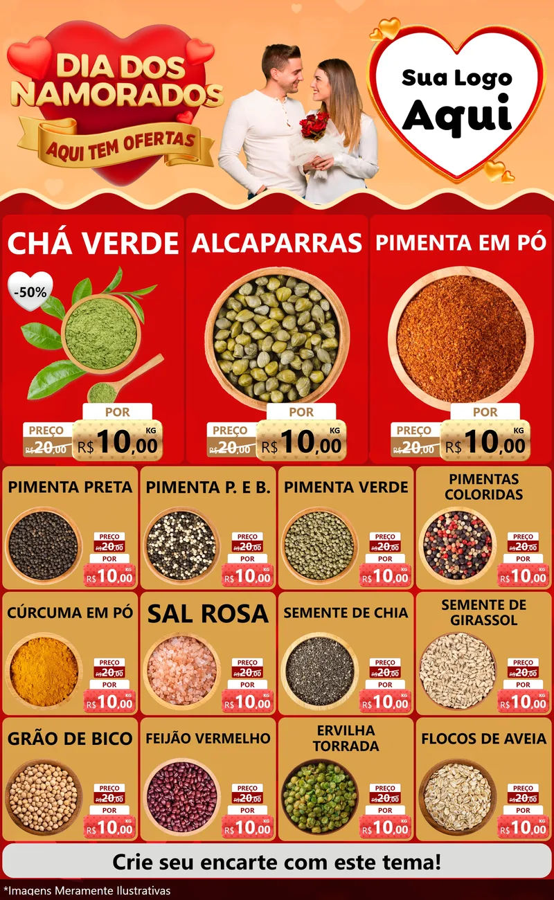 Modelo de Encarte para Encarte Grande com o tema Dia dos Namorados - Aqui Tem Ofertas para Produtos Naturais