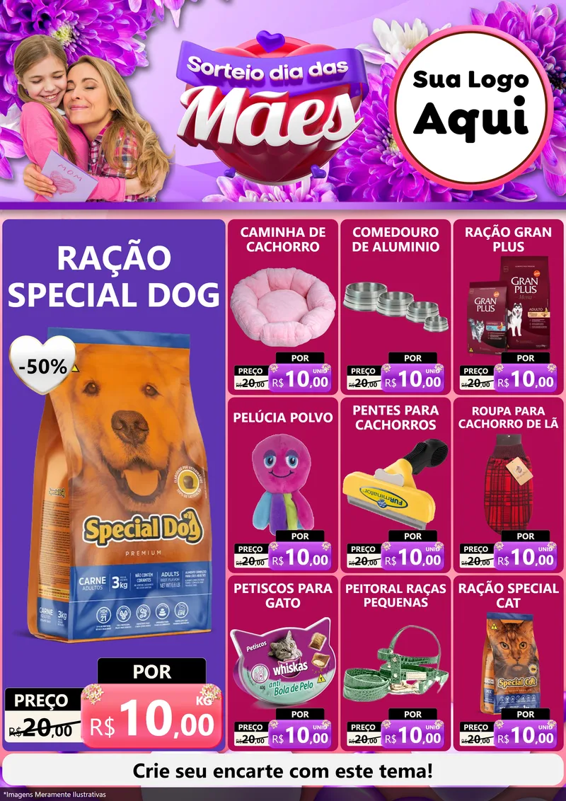 Modelo de Encarte para Encarte A4 Vertical com o tema Sorteio Dia das Mães para Pet Shop