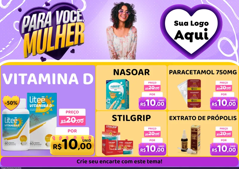Modelo de Encarte para Encarte A4 Horizontal com o tema Para Você, Mulher para Farmácia
