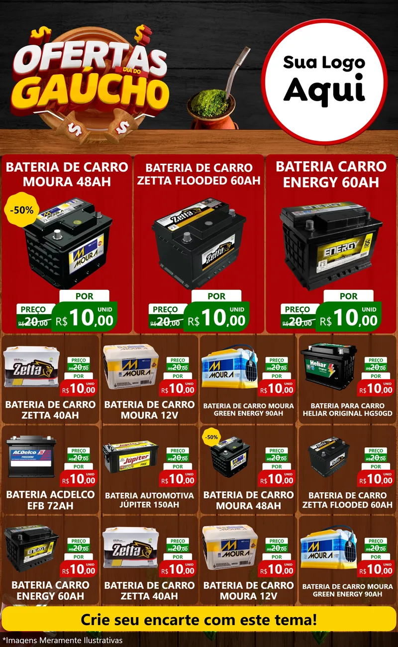 Modelo de Encarte para Encarte Grande com o tema Ofertas Dia do Gaúcho para Baterias Elétricas