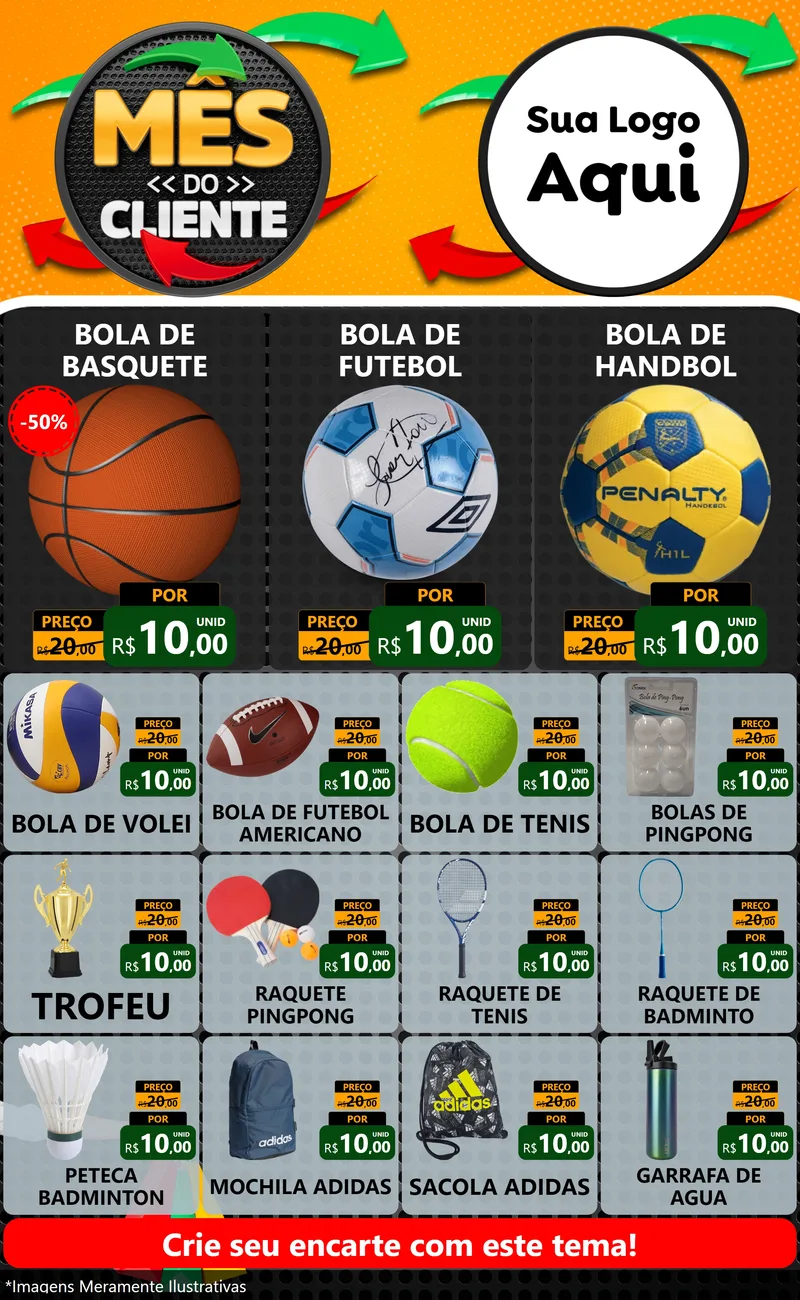 Modelo de Encarte para Encarte Grande com o tema Mês do Cliente para Artigos Esportivos