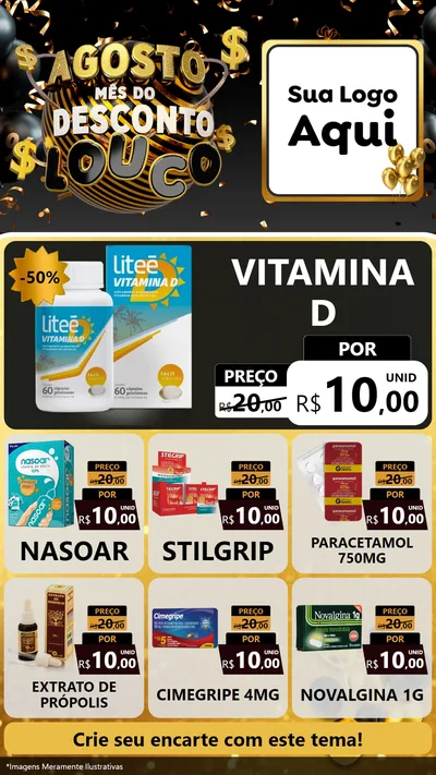 Modelo de Rede Social para Stories com o tema Agosto Mês do Desconto Louco para Farmácia