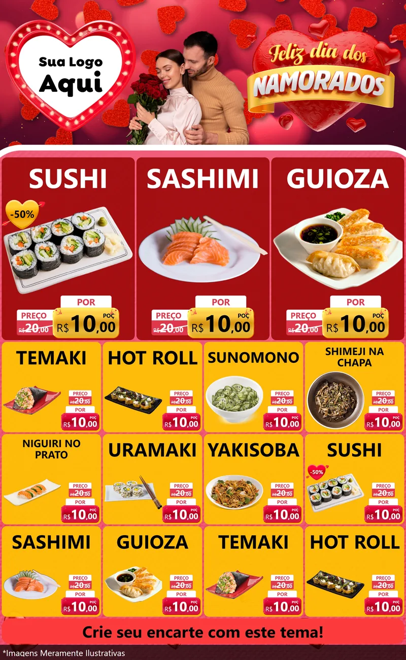 Modelo de Encarte para Encarte Grande com o tema Feliz Dia Dos Namorados para Comida japonesa