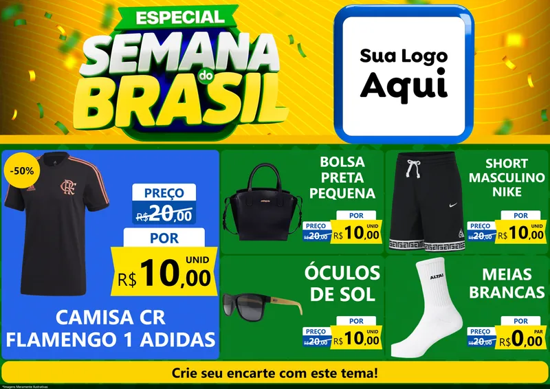 Modelo de Encarte para Encarte A4 Horizontal com o tema Especial Semana do Brasil para Roupas e acessórios