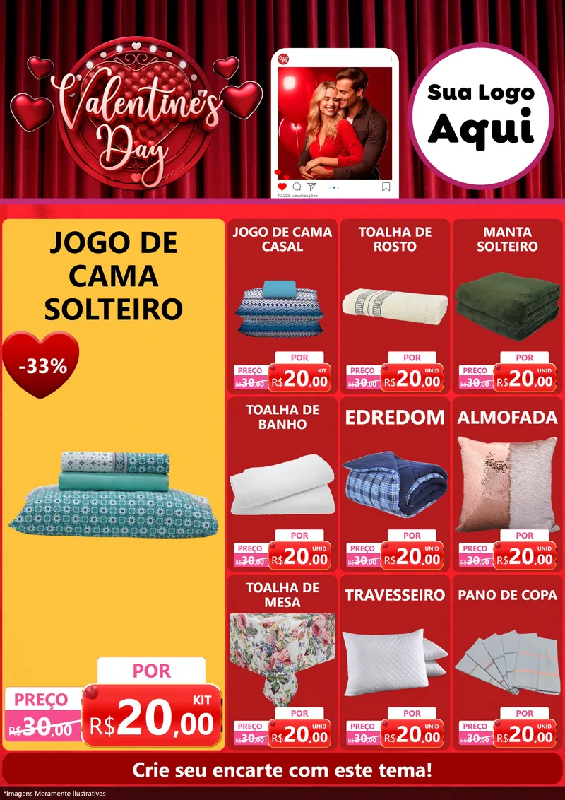 Modelo de Encarte para Encarte A4 Vertical com o tema Valentine's Day para Cama, Mesa e Banho