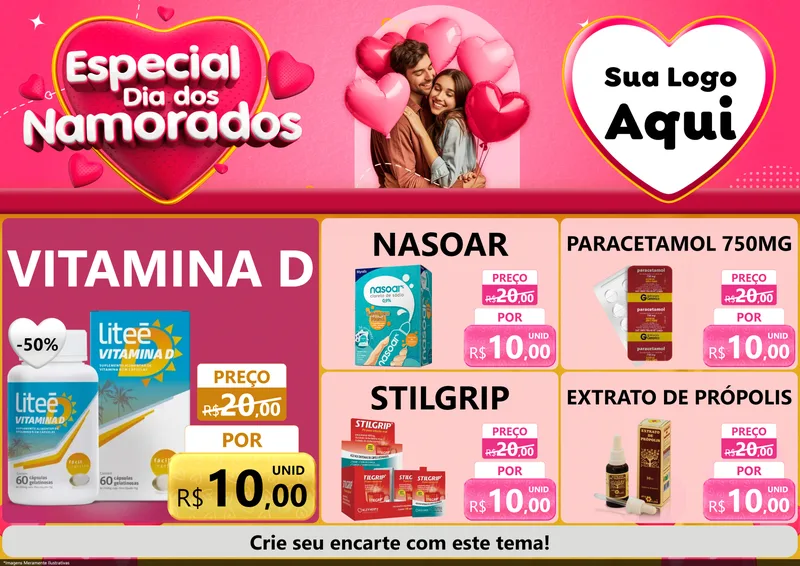 Modelo de Encarte para Encarte A4 Horizontal com o tema Especial Dia dos Namorados para Farmácia