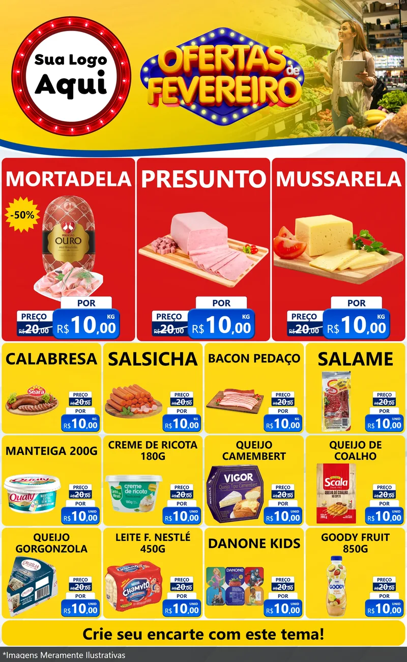 Modelo de Encarte para Encarte Grande com o tema Ofertas de Fevereiro para Frios e Laticínios