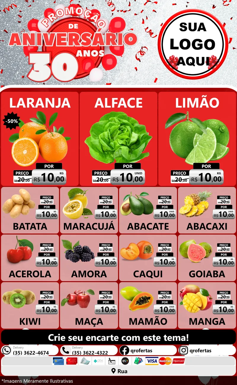 Modelo de Encarte para Encarte Grande com o tema Promoção de Aniversário - 30 Anos para Hortifrúti