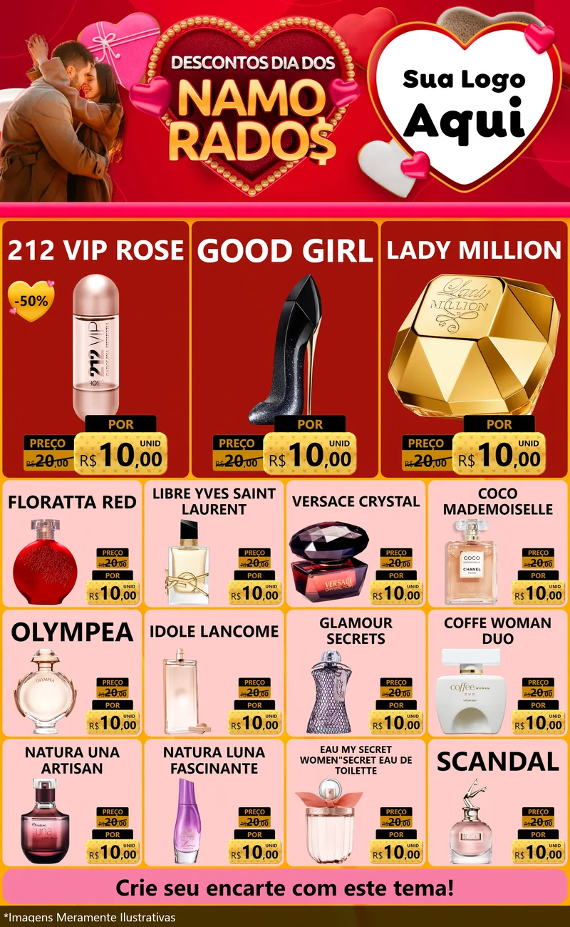 Modelo de Encarte para Encarte Grande com o tema Descontos Dia dos Namorados para Perfumes