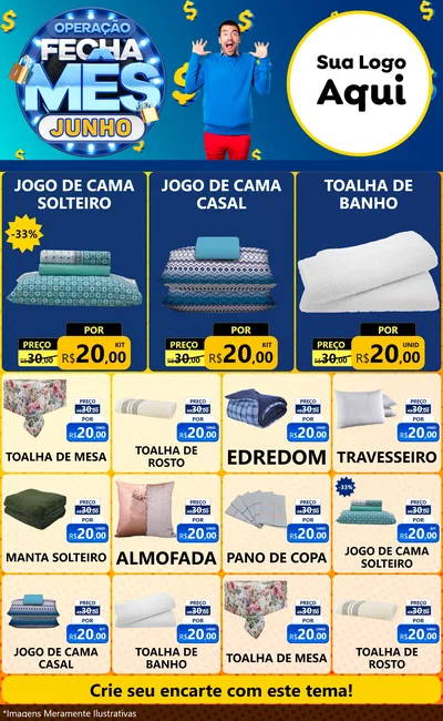 Modelo de Encarte para Encarte Grande com o tema Operação Fecha Mês, Junho para Cama, Mesa e Banho