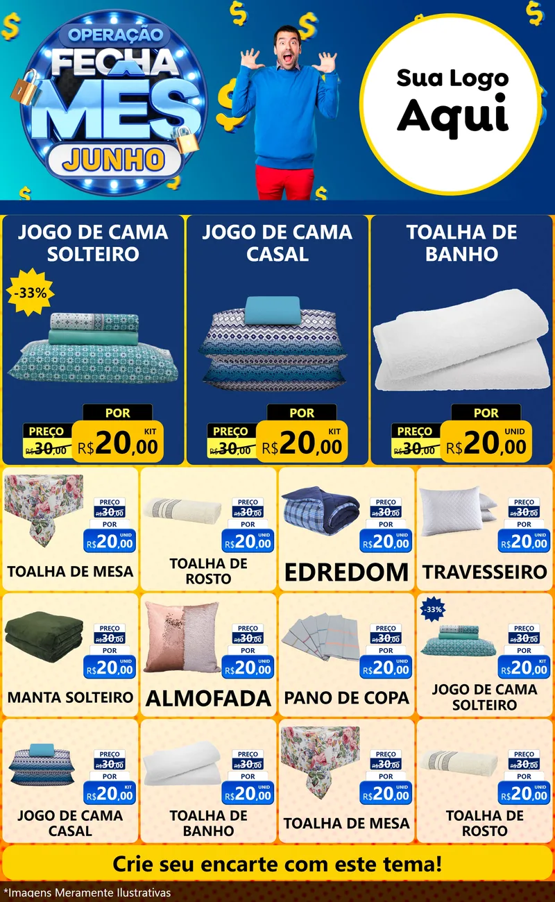 Modelo de Encarte para Encarte Grande com o tema Operação Fecha Mês, Junho para Cama, Mesa e Banho