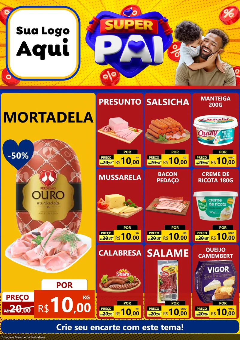 Modelo de Encarte para Encarte A4 Vertical com o tema Super Pai para Frios e Laticínios