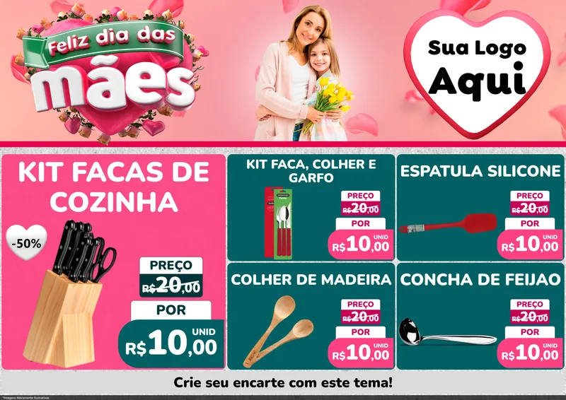 Modelo de Encarte para Encarte A4 Horizontal com o tema Feliz Dia das Mães para Utilidades Domésticas