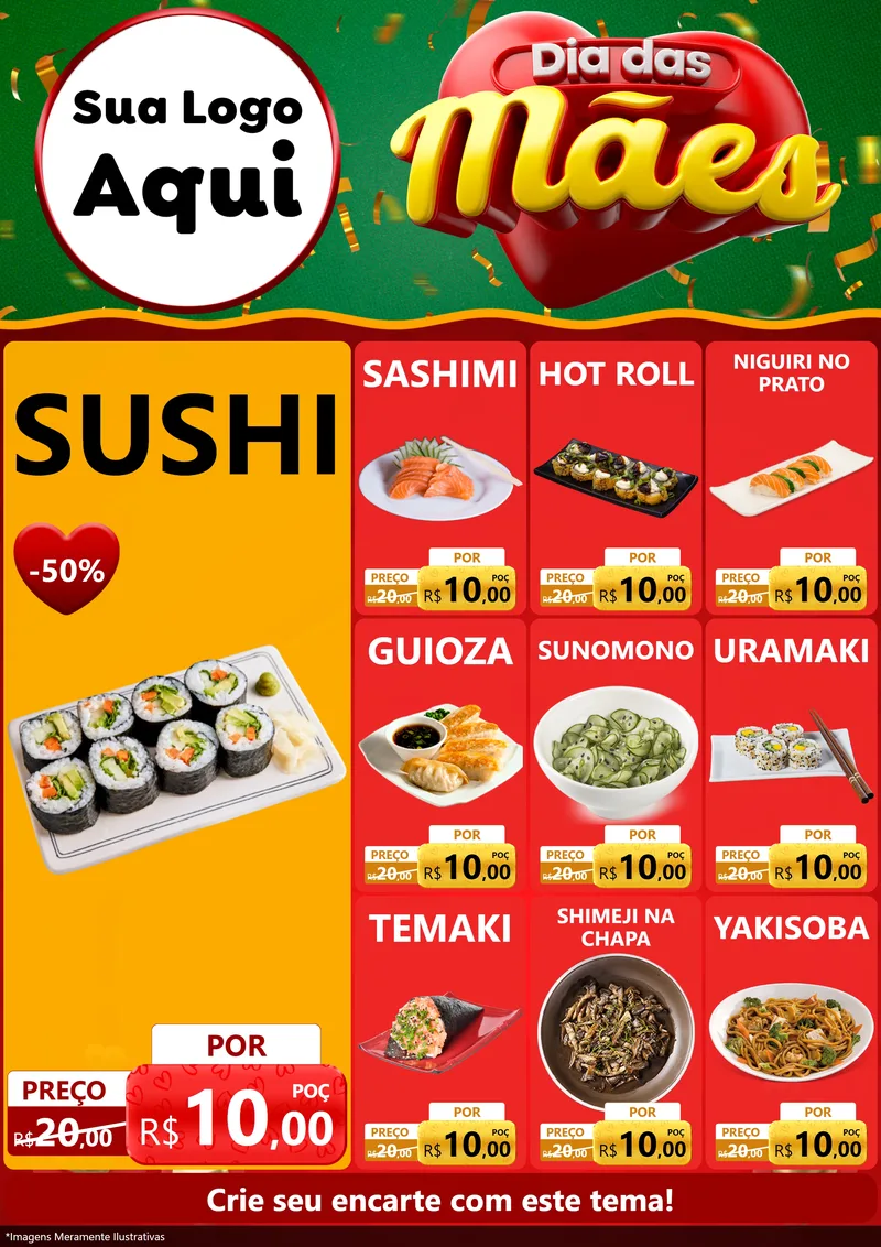 Modelo de Encarte para Encarte A4 Vertical com o tema Dia das Mães para Comida japonesa
