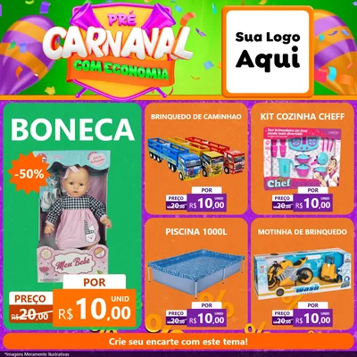 Modelo de Rede Social para Feed Facebook com o tema Pré-Carnaval Com Economia para Brinquedos