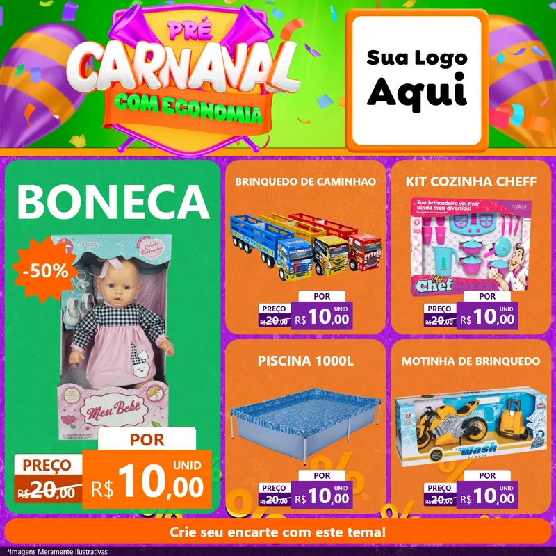 Modelo de Rede Social para Feed Facebook com o tema Pré-Carnaval Com Economia para Brinquedos