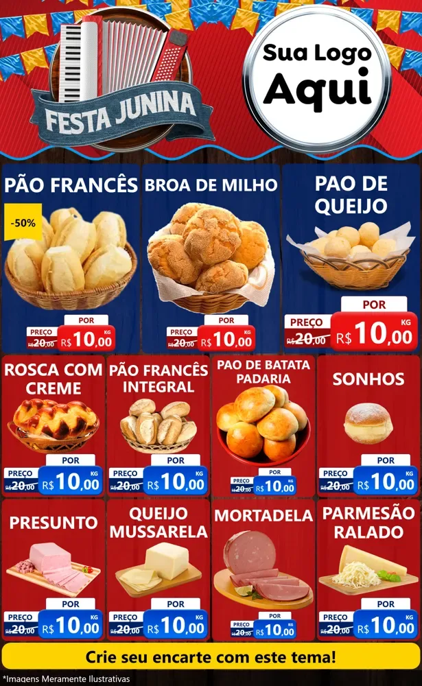 Modelo de Encarte para Encarte Grande com o tema Festa Junina para Padaria