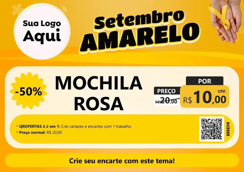 Modelo de Cartaz para Cartaz A4 Horizontal com o tema Setembro Amarelo para Papelaria