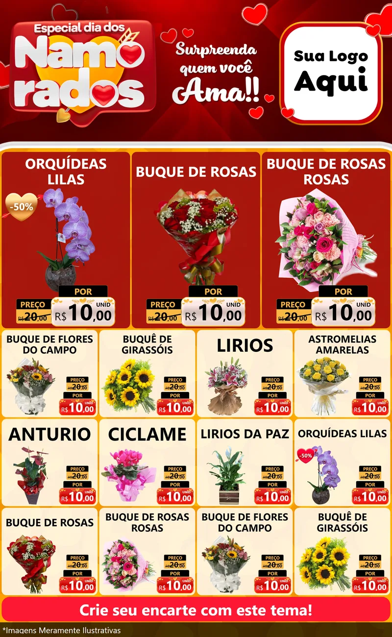 Modelo de Encarte para Encarte Grande com o tema Especial Dia dos Namorados para Floricultura e jardim