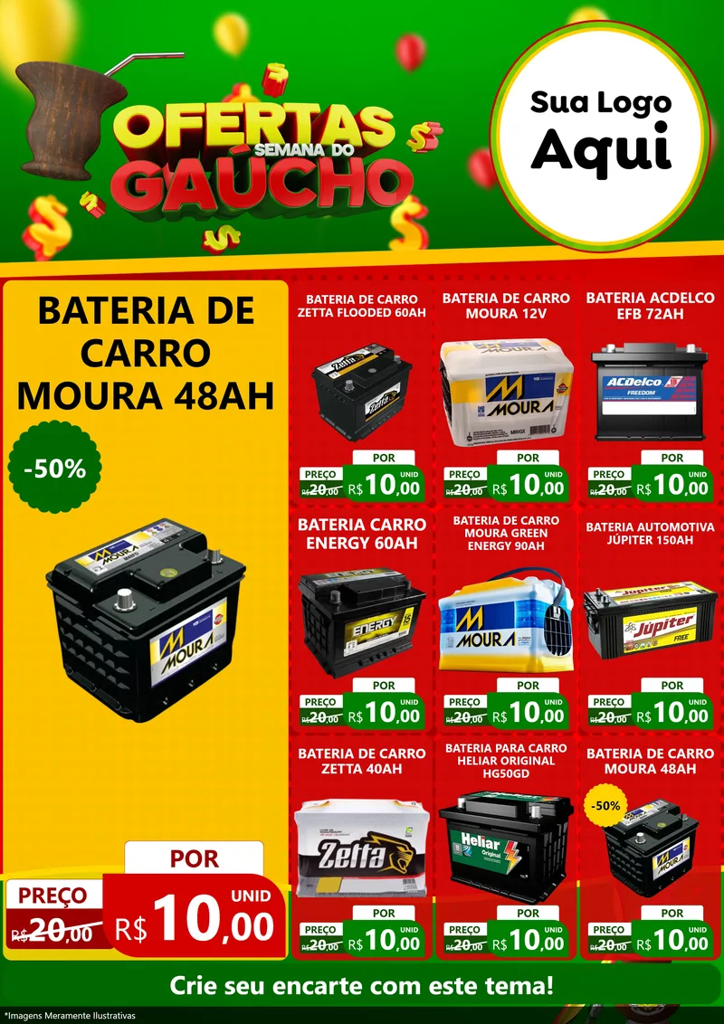 Modelo de Encarte para Encarte A4 Vertical com o tema Ofertas Semana Do Gaúcho para Baterias Elétricas