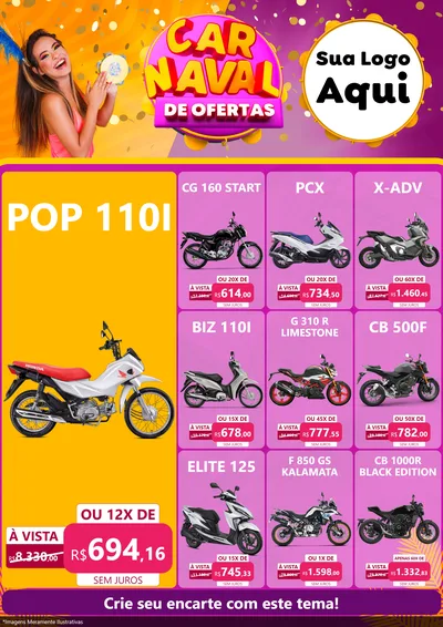 Modelo de Encarte para Encarte A4 Vertical com o tema Carnaval de Ofertas para Concessionaria de Motos