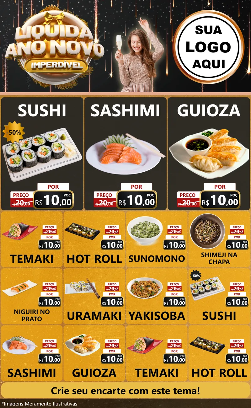 Modelo de Encarte para Encarte Grande com o tema Liquida Ano Novo Imperdível para Comida japonesa