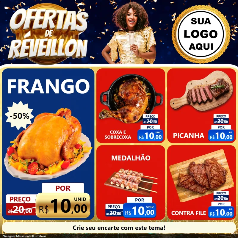 Modelo de Rede Social para Feed Facebook com o tema Ofertas de Réveillon para Assados