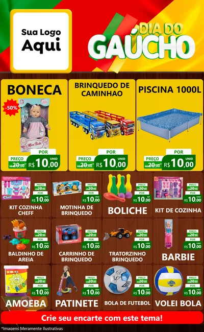 Modelo de Encarte para Encarte Grande com o tema Dia do Gaúcho para Brinquedos