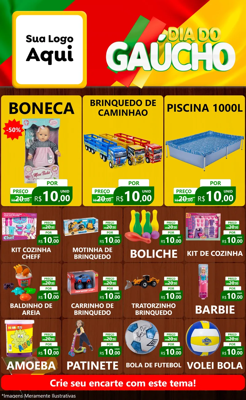 Modelo de Encarte para Encarte Grande com o tema Dia do Gaúcho para Brinquedos