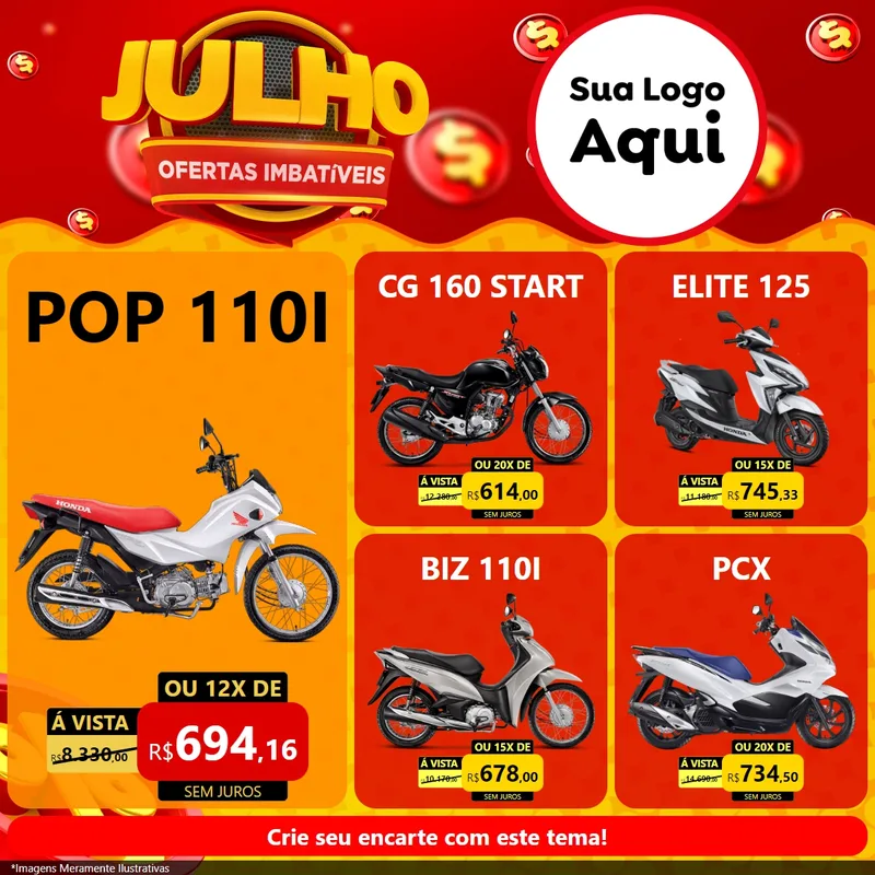 Modelo de Rede Social para Feed Facebook com o tema Julho Ofertas Imbatíveis para Concessionaria de Motos