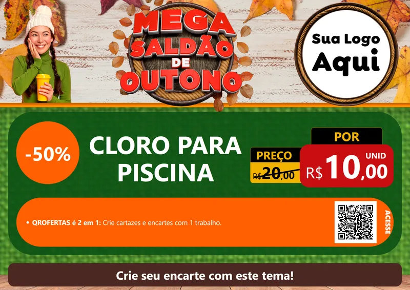 Modelo de Cartaz para Cartaz A4 Horizontal com o tema Mega Saldão de Outono para Produtos para Piscina