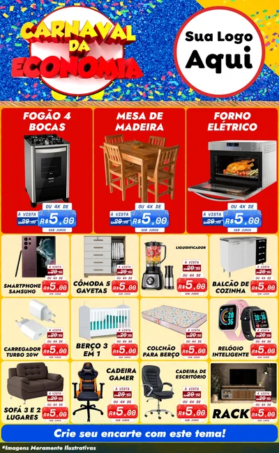 Modelo de Encarte para Encarte Grande com o tema Carnaval da Economia para Móveis e Eletro