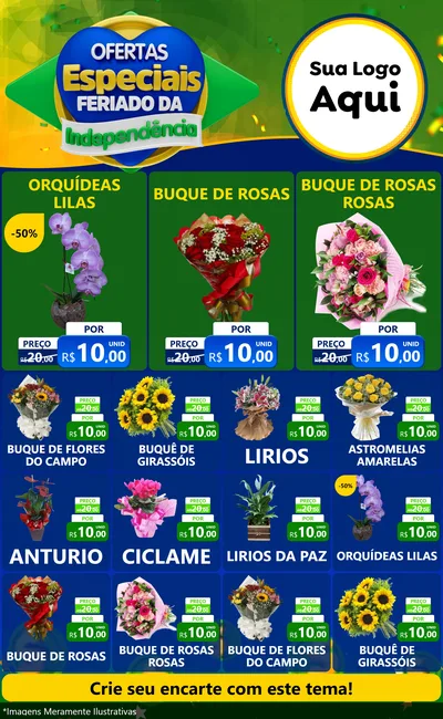 Modelo de Encarte para Encarte Grande com o tema Ofertas Especiais Feriado da Independência para Floricultura e jardim