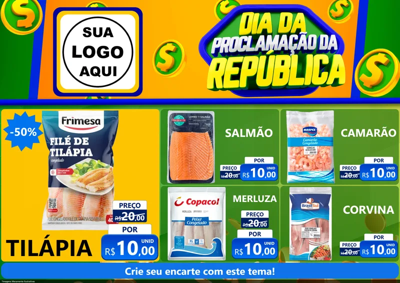 Modelo de Encarte para Encarte A4 Horizontal com o tema Dia Da Proclamação da República para Peixaria