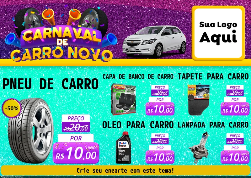 Modelo de Encarte para Encarte A4 Horizontal com o tema Carnaval de Carro Novo para Auto peças