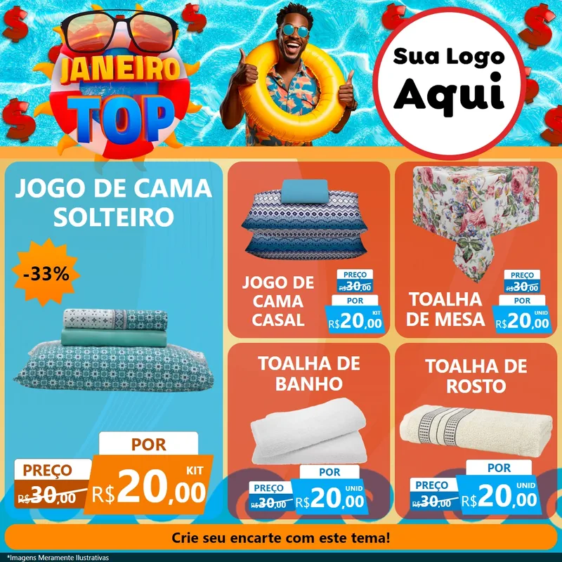Modelo de Rede Social para Feed Facebook com o tema Janeiro Top para Cama, Mesa e Banho