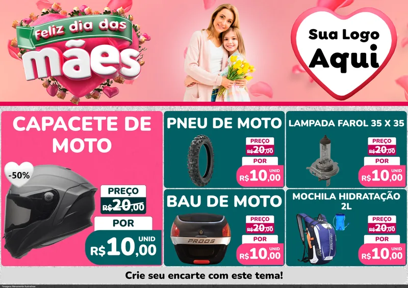 Modelo de Encarte para Encarte A4 Horizontal com o tema Feliz Dia das Mães para Moto peças
