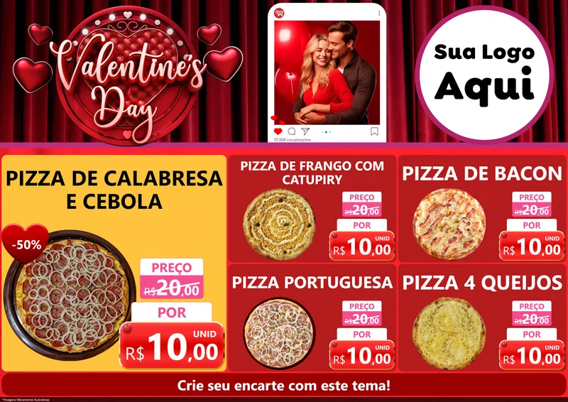 Modelo de Encarte para Encarte A4 Horizontal com o tema Valentine's Day para Pizzaria