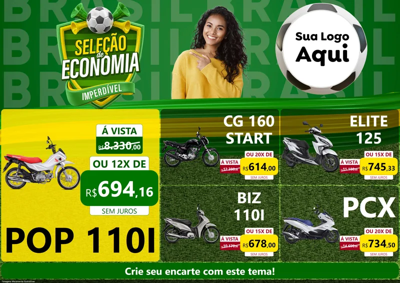 Modelo de Encarte para Encarte A4 Horizontal com o tema Seleção de Economia - Copa para Concessionaria de Motos