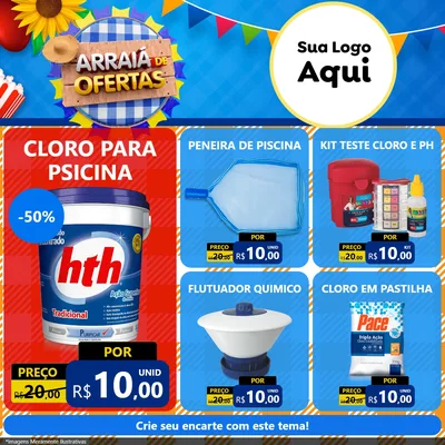 Modelo de Rede Social para Feed Facebook com o tema Arraiá de Ofertas para Produtos para Piscina