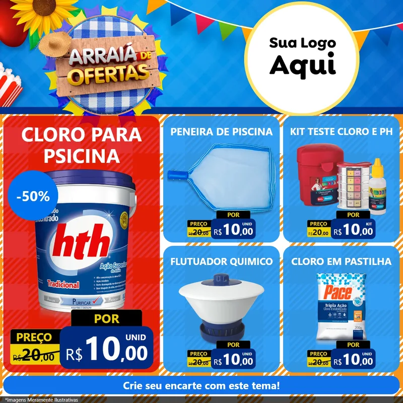 Modelo de Rede Social para Feed Facebook com o tema Arraiá de Ofertas para Produtos para Piscina