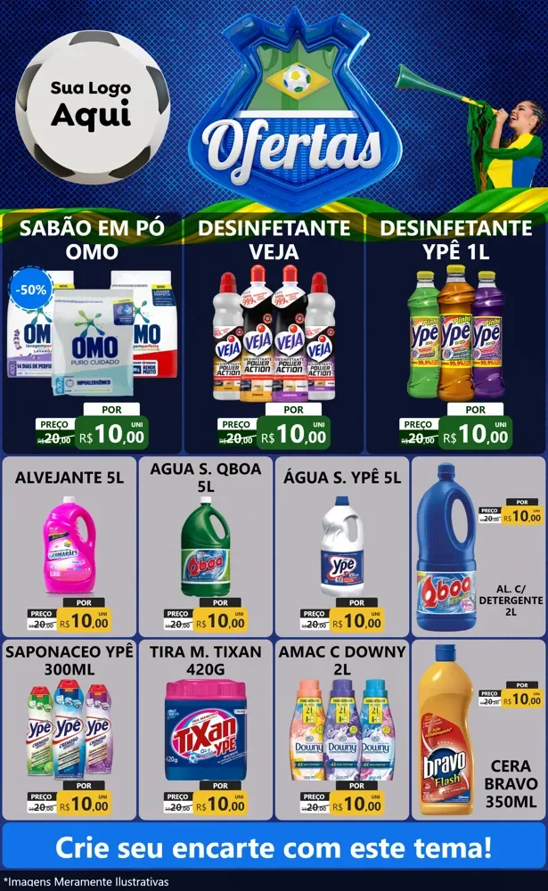 Modelo de Encarte para Encarte Grande com o tema Ofertas (Futebol) para Produtos de Limpeza